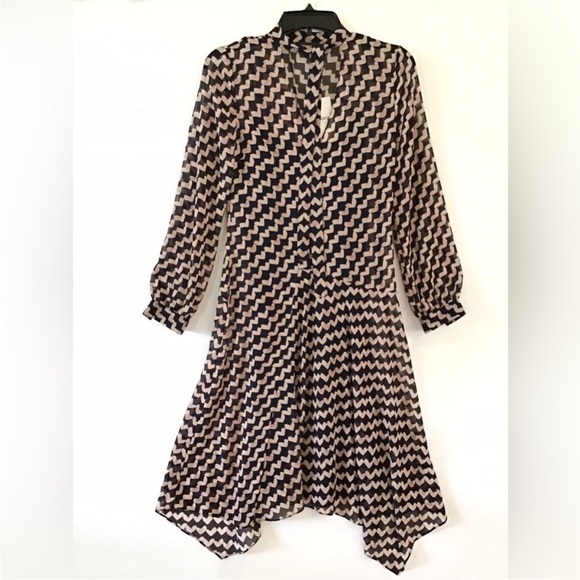 Theory Black and Tan Geometric Long Sleeve Dress, US2 - Picture 6 of 10
